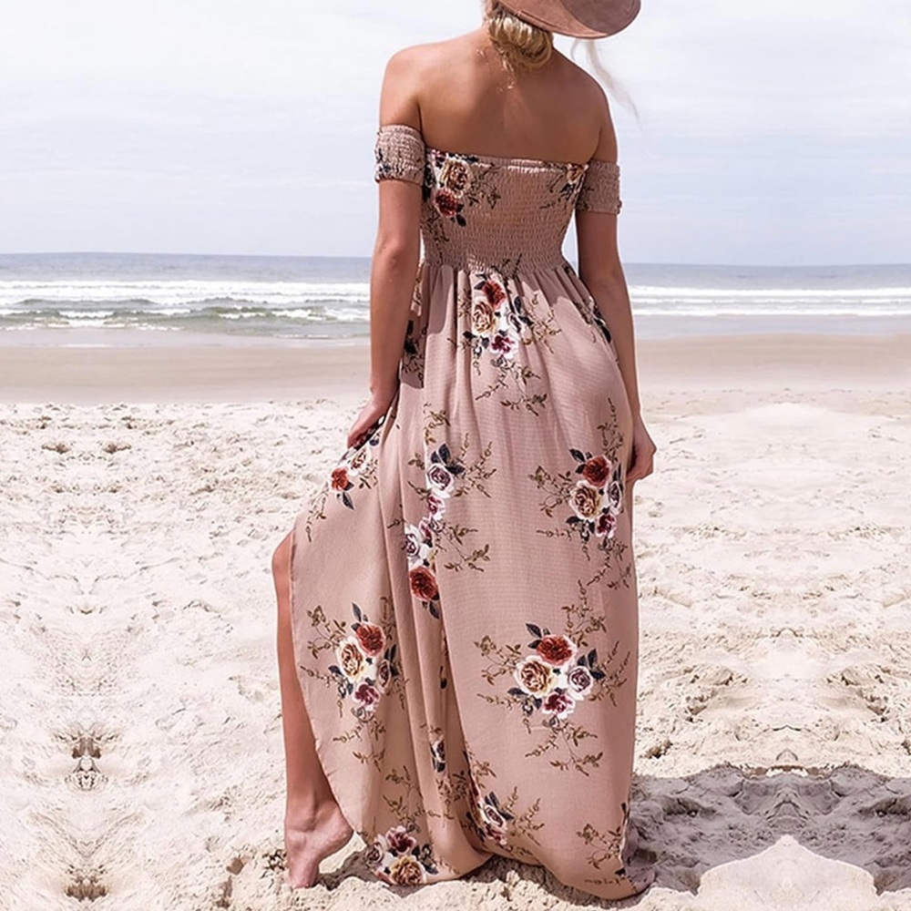 Floral On Off-Shoulder Boho Chiffon Maxi Dress Size S Tan Slit Split Front NWOT - Picture 11 of 12